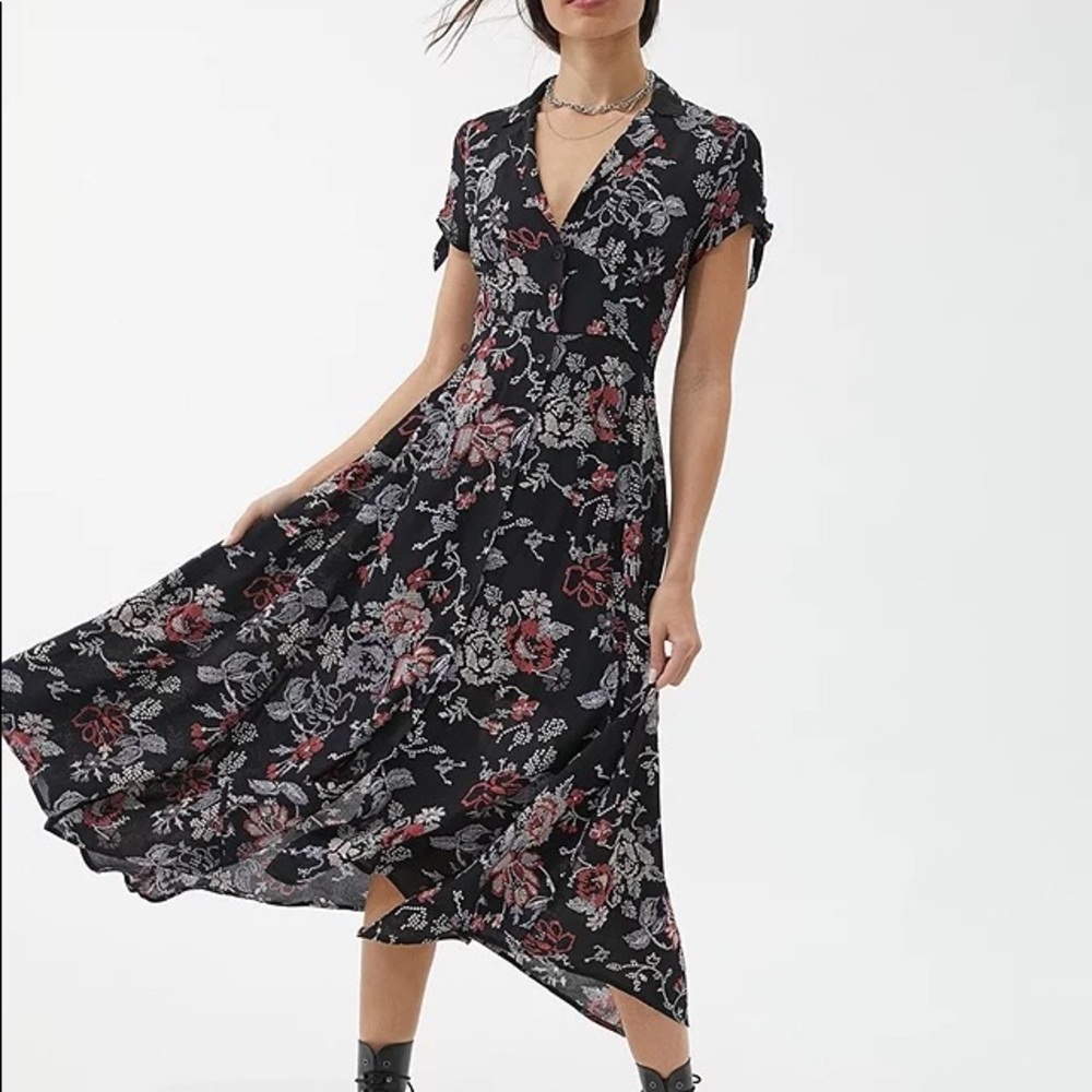 URBAN OUTFITTERS UO ELLE BLACK FLORAL BUTTON-THROUGH MIDI DRESS LARGE